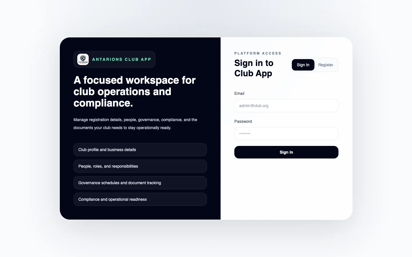 Antarions Club App sign-in screen showing club operations and compliance capabilities